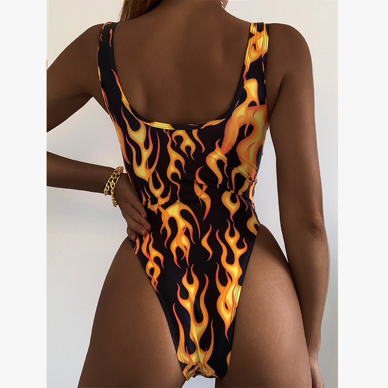 Fire Print Retro Sexy Swimsuit Women High Cut Bodysuit One-Piece Suit Women One Piece Swimsuit Push Up Swimwear Bella Mia