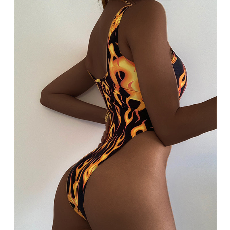 Fire Print Retro Sexy Swimsuit Women High Cut Bodysuit One-Piece Suit Women One Piece Swimsuit Push Up Swimwear Bella Mia