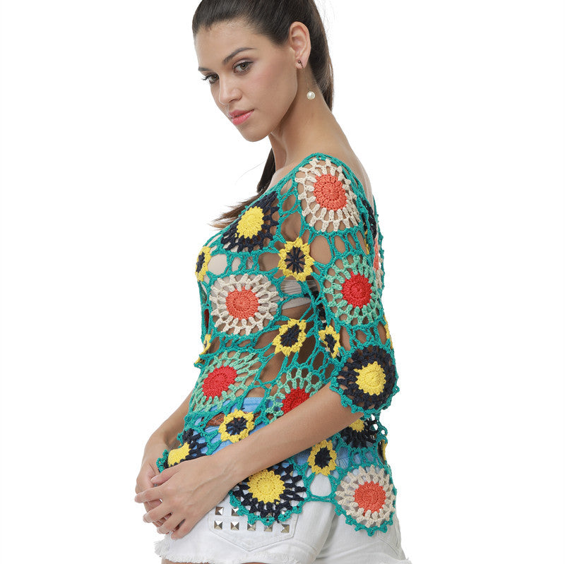Handmade Crochet Hollow-out Floral Beach Blouse Sleeve Top Bella Mia