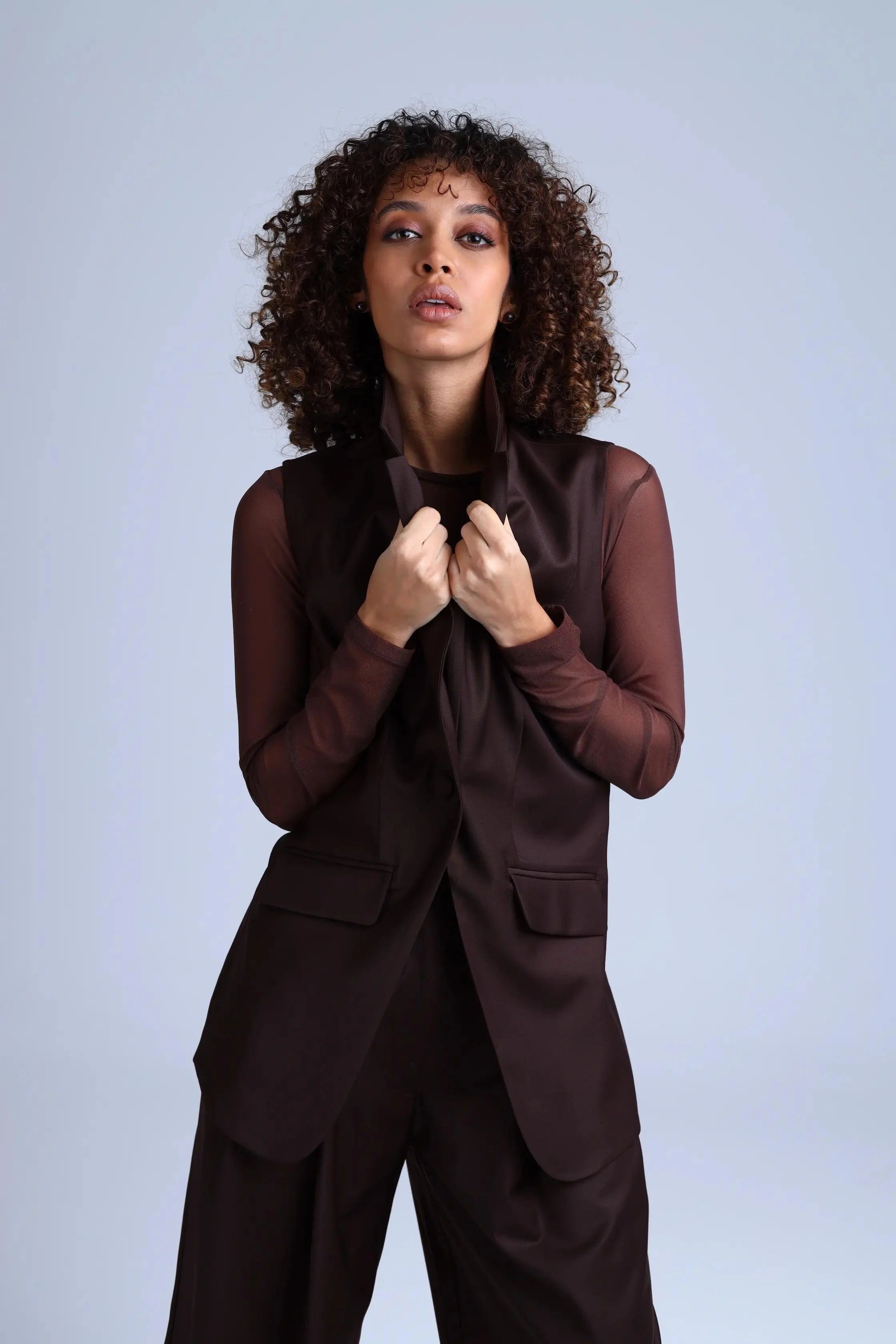 Broadway Monica Longline Virgin Wool Waistcoat in Dark Coffee ETNA
