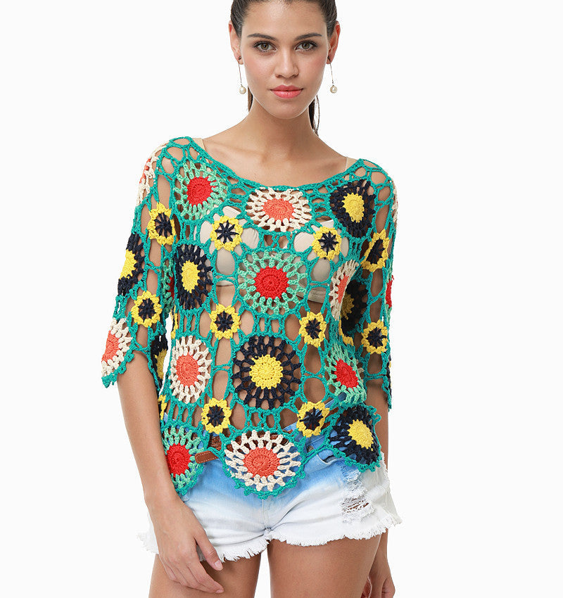 Handmade Crochet Hollow-out Floral Beach Blouse Sleeve Top Bella Mia