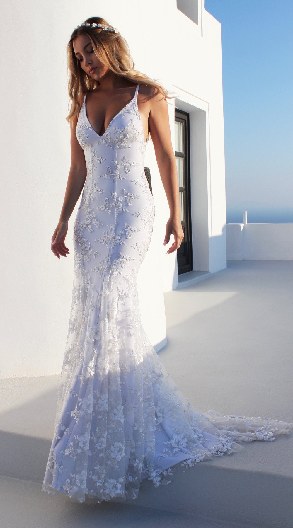 Women Sexy V neck White Cami Maxi Dress Bella Mia