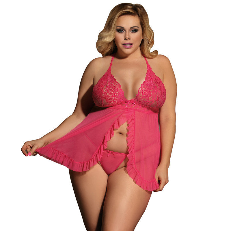 Plus Size Sexy Lingerie Women Halter Lace See through Sexy Nightdress Two Piece Sets Bella Mia