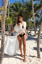 Slubbed Fabric Stitching Lace Beach Cover up Sexy Cardigan Vacation Sun Protection Shirt Bikini Cover Bella Mia