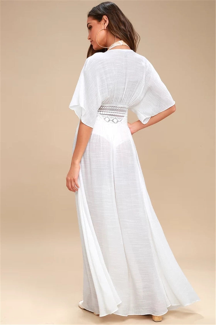 Slubbed Fabric Stitching Lace Beach Cover up Sexy Cardigan Vacation Sun Protection Shirt Bikini Cover Bella Mia