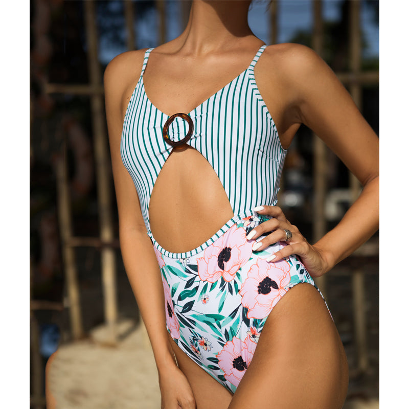 Peachtan Ring Monokini Patchwork Print Swimwear Women Cut-Out One Piece Swimsuit Women Bandeau Bathing Suit Sports Bodysuit