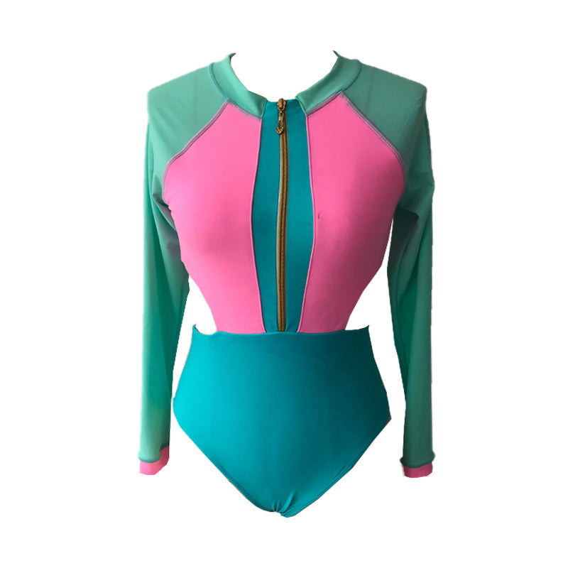 Patchwork Swimsuit Women Swimming Suit Long Sleeves Swimwear Women O-Neck Monokini Cut-Out Bathing Suit Zipper