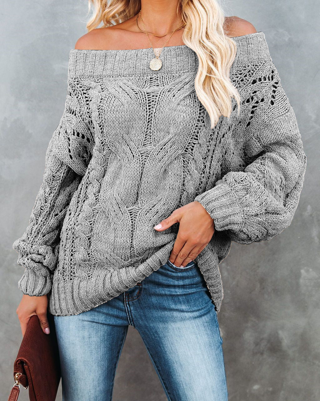 Autumn Winter off-Shoulder Plus Size Loose Sweater off-Shoulder Solid Color Pullover Sweater Women Bella Mia