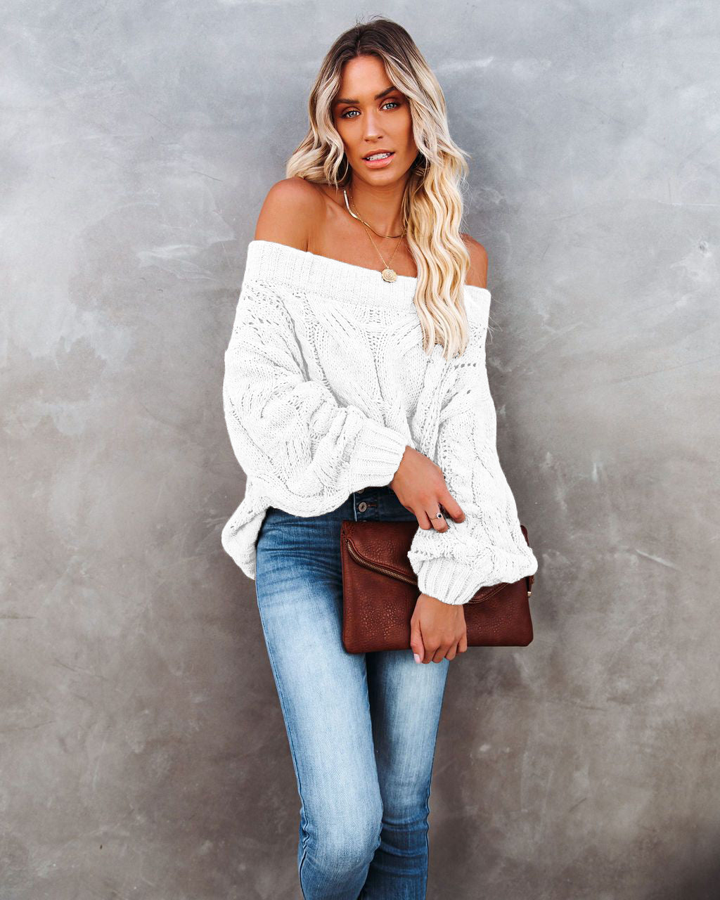 Autumn Winter off-Shoulder Plus Size Loose Sweater off-Shoulder Solid Color Pullover Sweater Women Bella Mia