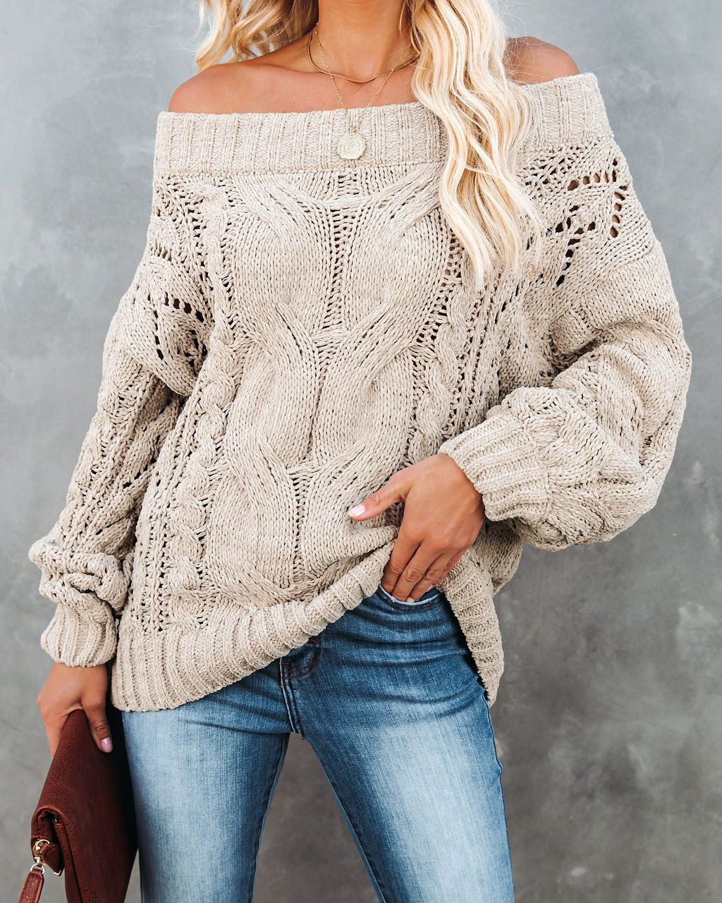 Autumn Winter off-Shoulder Plus Size Loose Sweater off-Shoulder Solid Color Pullover Sweater Women Bella Mia