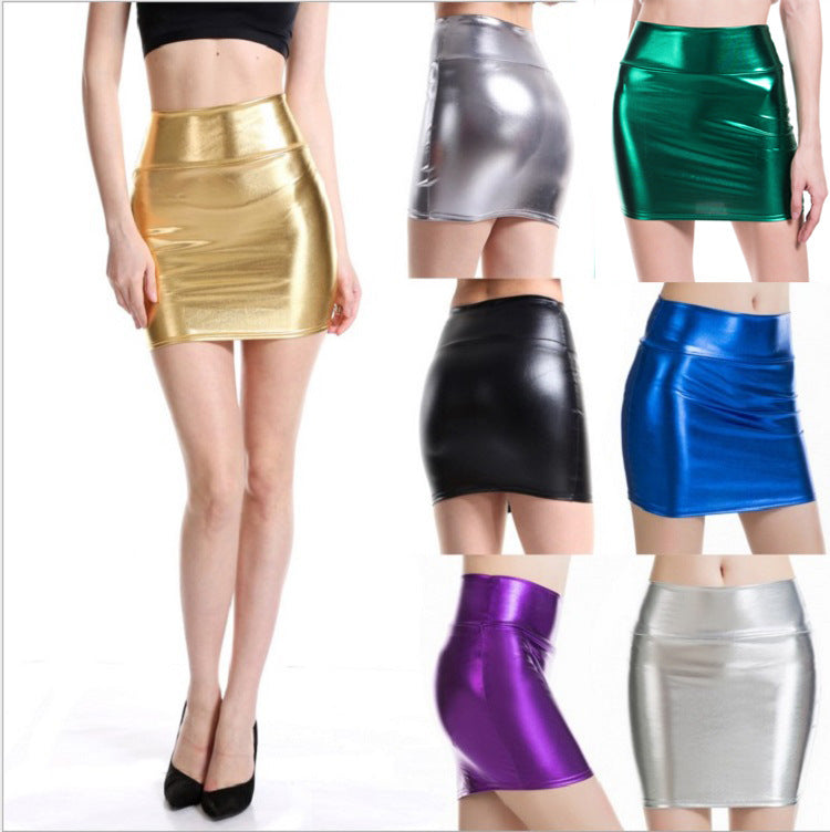 Sexy All-Match Performance Wear Faux Leather Hip Skirt Bronzing Solid Color Women Short Skirt One-Step Skirt Bella Mia