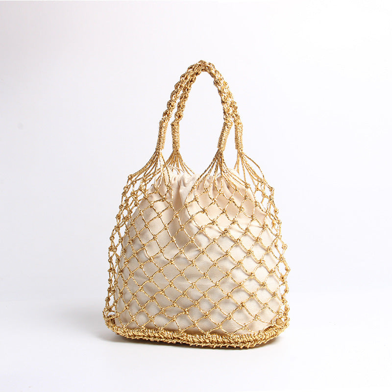 Gold Silver Color Hollow Out Cutout Portable Straw Weaved Bag Hand Carrying Woven Bag Vacation Beach Bag Women Bag Bella Mia