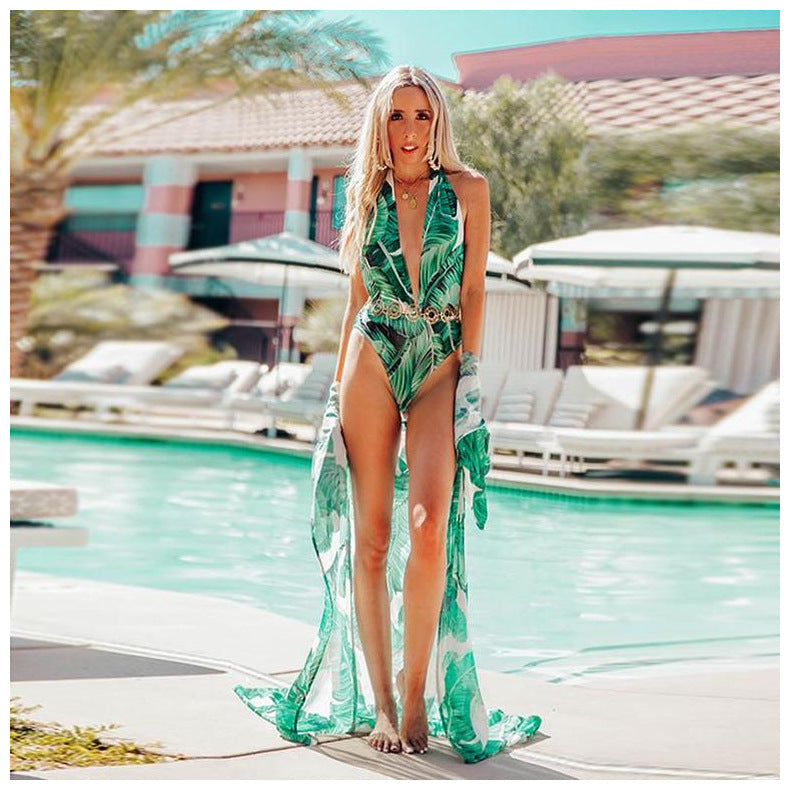 Chiffon Japanese Banana Leaf Printed Cardigan Vacation Beach Bikini Cover Bella Mia
