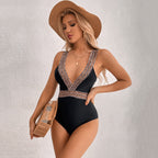 Spot Bikini Lace V-neck Bikini High Waist Siamese Conservative Open Back Swimsuit Bella Mia