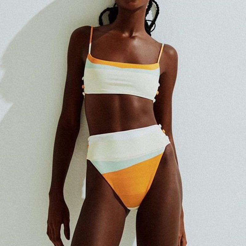 Sexy Buttons Bandeau Bikini Set Patchwork Print Swimsuit Women Swimming Suit High Waist Swimwear Sport Bathing Suit Swim Bella Mia