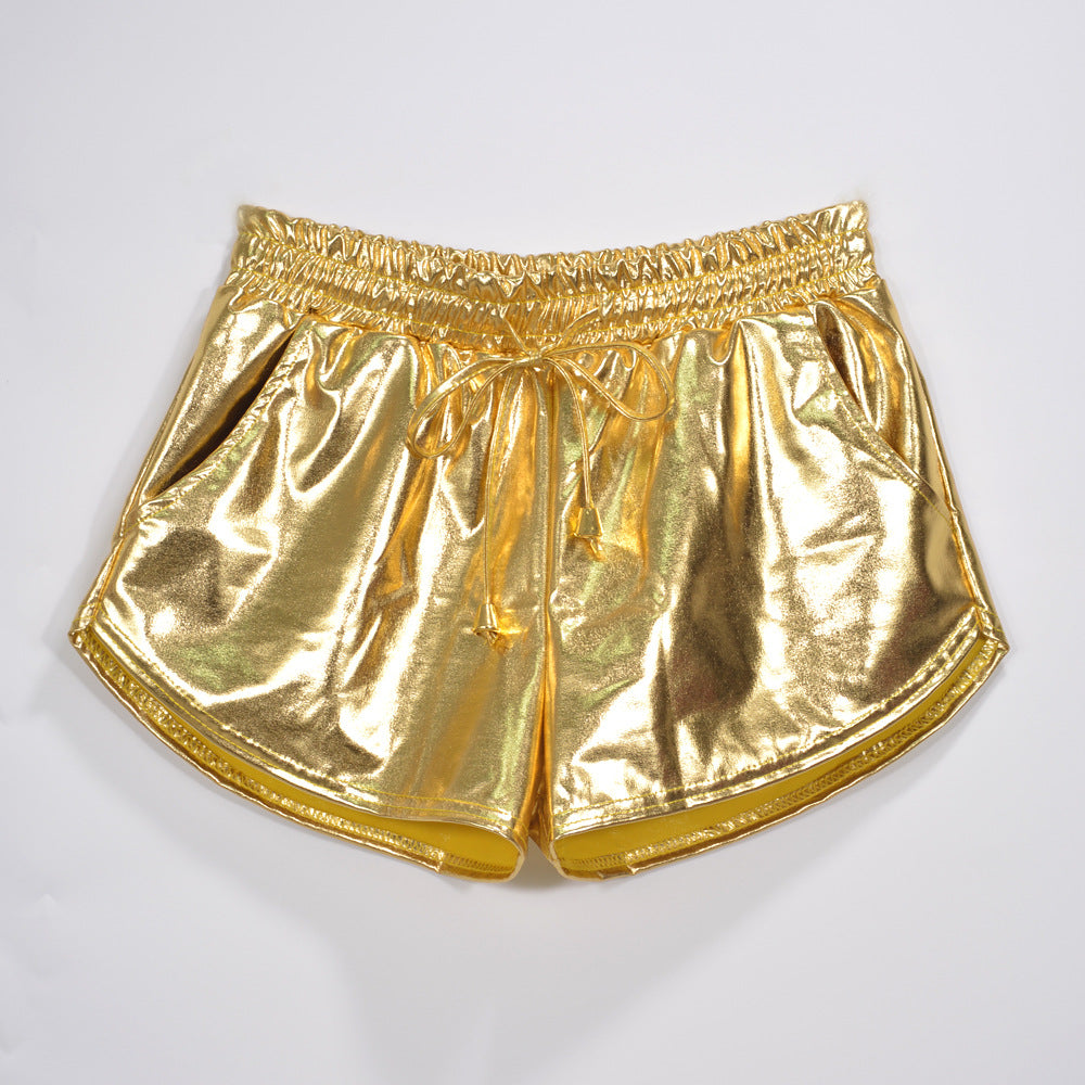 Metallic Coated Fabric Solid Color All Matching Elastic Lace Shorts Leather Pants Patent Leather Pants Sexy Women Wear Bella Mia