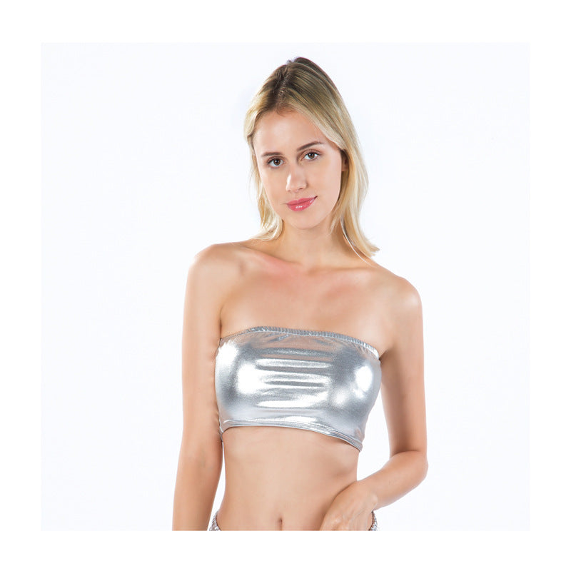 Women Clothes Nightclub Stage Wear Chest-Wrapped Patent Leather Solid Color Tube-Top Bottoming Shirt Performance Wear Bella Mia