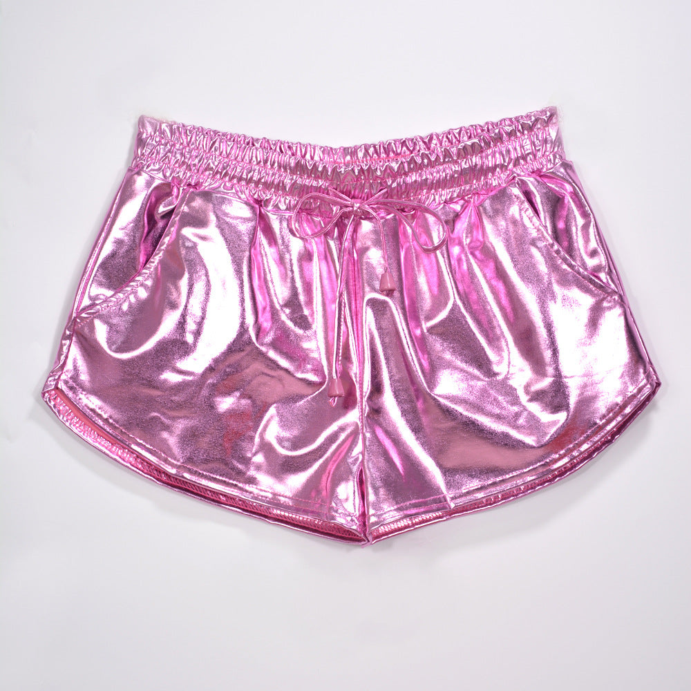 Metallic Coated Fabric Solid Color All Matching Elastic Lace Shorts Leather Pants Patent Leather Pants Sexy Women Wear Bella Mia