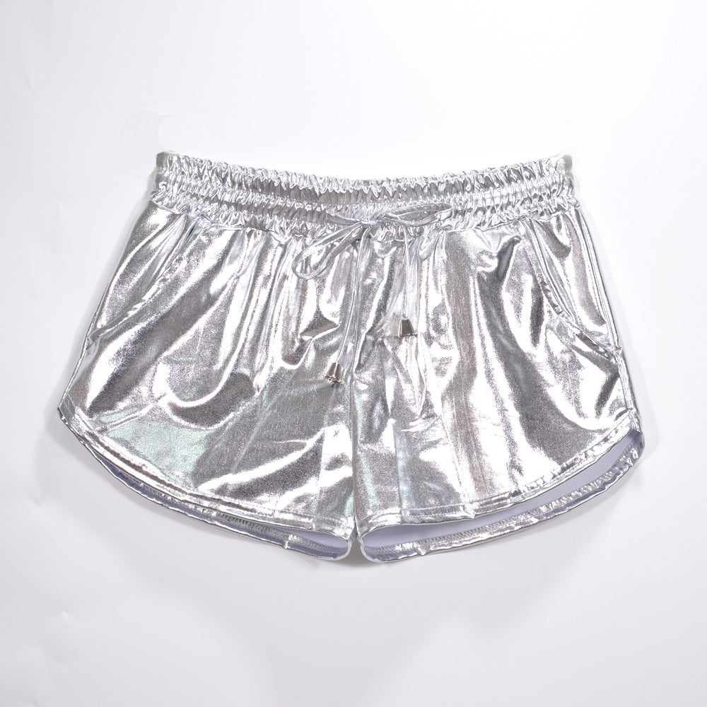Metallic Coated Fabric Solid Color All Matching Elastic Lace Shorts Leather Pants Patent Leather Pants Sexy Women Wear Bella Mia