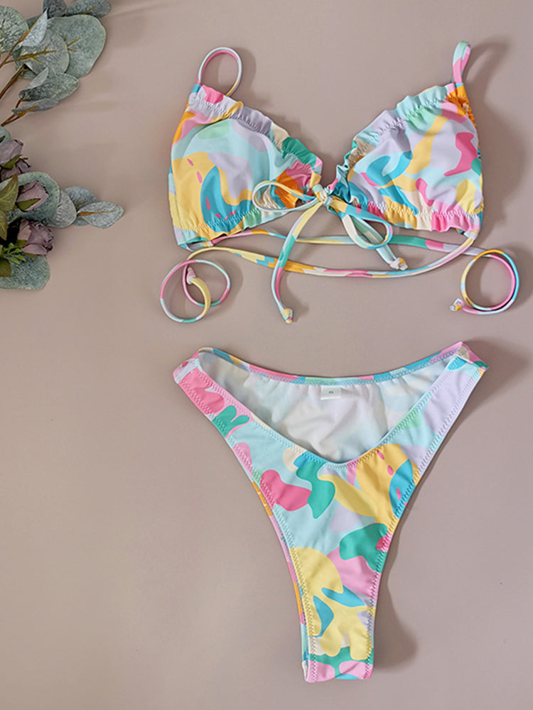 Sexy Ruffle Set High Cut Swimsuit Women Print Bathing Suits Swimwear Vibrant Color Bikini Bella Mia