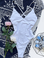 White V-Neck One Piece Swimsuit Women Sexy High Cut Bathing Suits Swimwear Bella Mia