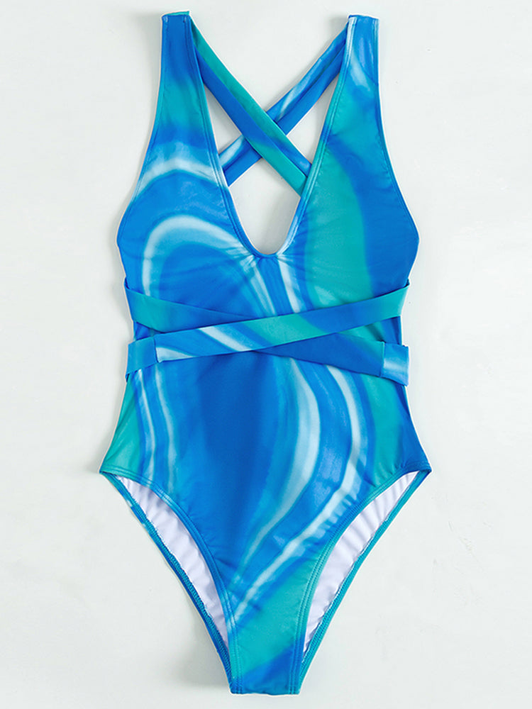 Print Bandage One Piece Swimsuit Women V-Neck Bathing Suits High Cut Swimwear Bella Mia