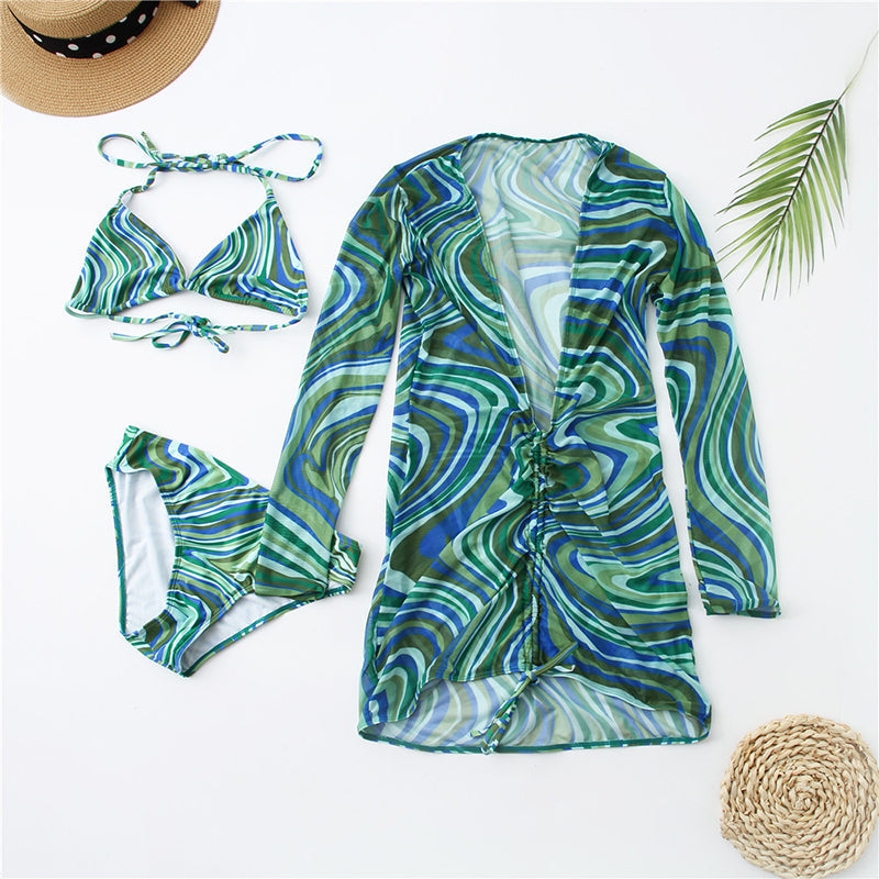 Print Bikini Sexy Mesh Cover Up 3 Piece Swimsuit Women String Bathing Suits Bella Mia