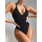 V-Neck One Piece Swimsuit Women Sexy Solid Bathing Suits High Cut Swimwear Bella Mia