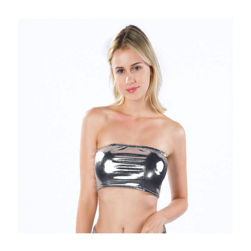 Women Clothes Nightclub Stage Wear Chest-Wrapped Patent Leather Solid Color Tube-Top Bottoming Shirt Performance Wear Bella Mia