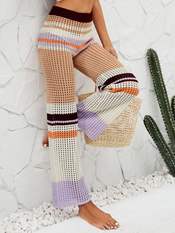 Crochet Spring Summer Fashion Elastic Waist Knitted Mid-Waist Trousers Stitching Color Straight Casual Trousers Crochet Bella Mia