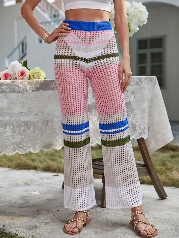 Crochet Spring Summer Fashion Elastic Waist Knitted Mid-Waist Trousers Stitching Color Straight Casual Trousers Crochet Bella Mia