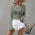 Crochet Spring Summer New Knitwear Bell Sleeve Loose Round Neck Hollow Out Cutout out Sweater Women Bella Mia