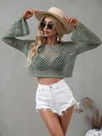 Crochet Spring Summer New Knitwear Bell Sleeve Loose Round Neck Hollow Out Cutout out Sweater Women Bella Mia