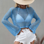 Crochet Spring Summer New Knitwear Bell Sleeve Loose Round Neck Hollow Out Cutout out Sweater Women Bella Mia