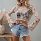 Crochet Spring Summer New Knitwear Bell Sleeve Loose Round Neck Hollow Out Cutout out Sweater Women Bella Mia