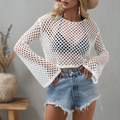 Crochet Spring Summer New Knitwear Bell Sleeve Loose Round Neck Hollow Out Cutout out Sweater Women Bella Mia