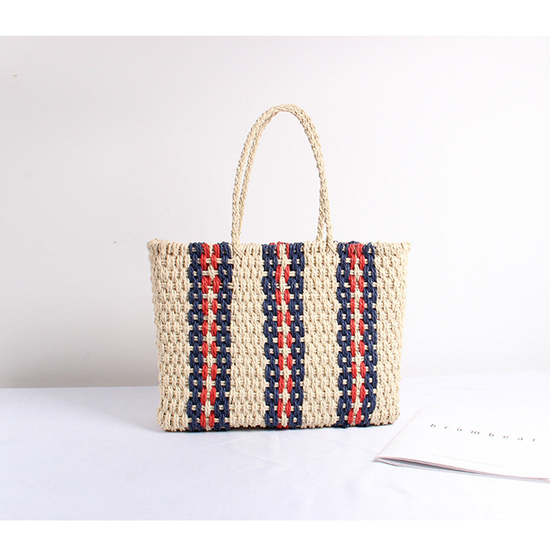 Straw Bag Women Striped One Shoulder Portable Large Capacity Woven Square Bag Travel Vacation Beach Bag Bella Mia
