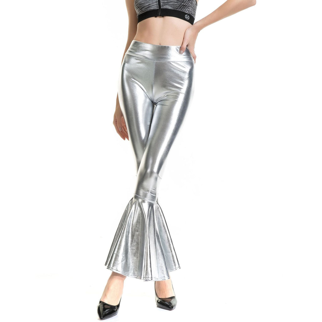Metallic Coated Fabric Women Clothes High Waist Fashion Elastic Waist Gradient Color Bell Bottom Pants Bella Mia