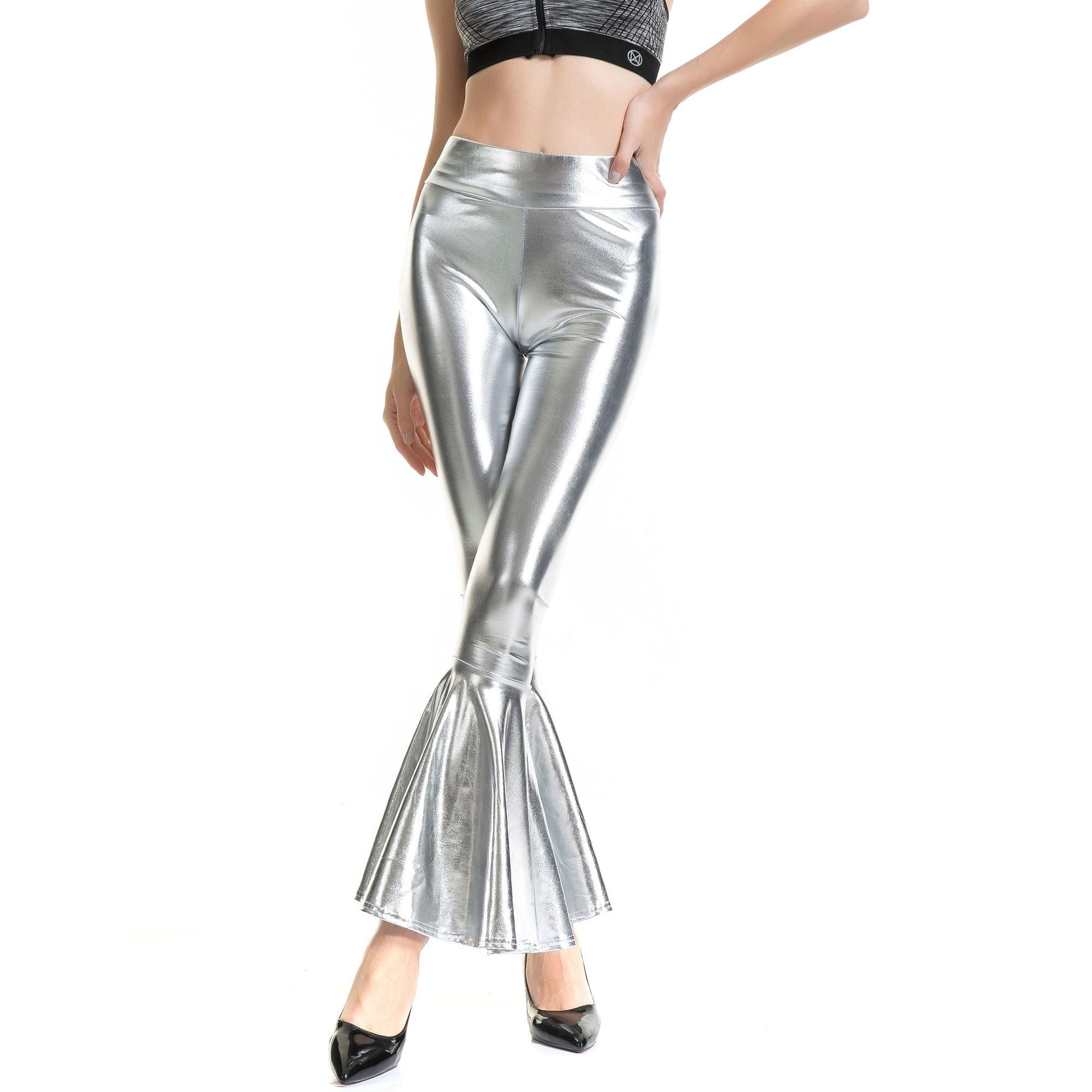 Metallic Coated Fabric Women Clothes High Waist Fashion Elastic Waist Gradient Color Bell Bottom Pants Bella Mia