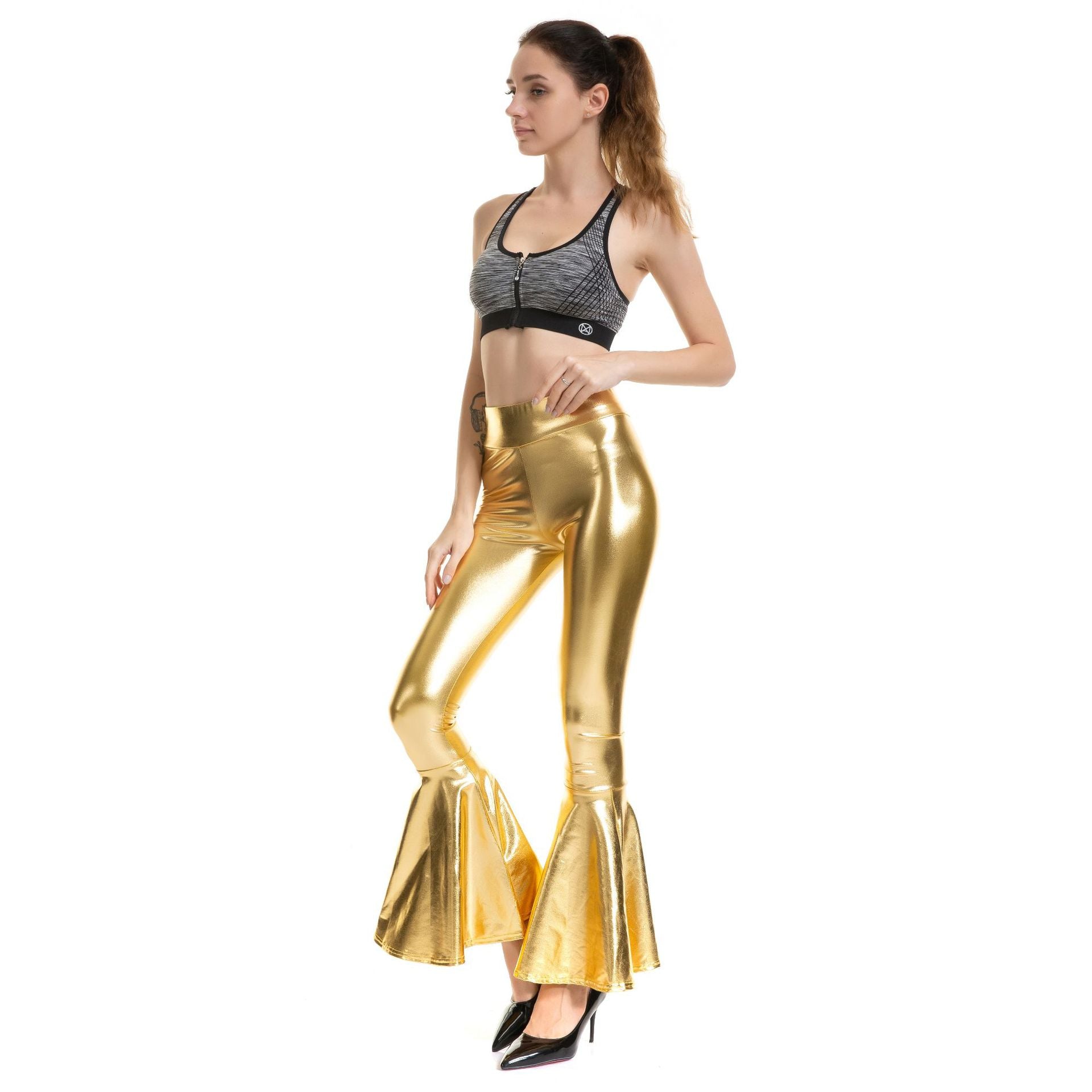 Metallic Coated Fabric Women Clothes High Waist Fashion Elastic Waist Gradient Color Bell Bottom Pants Bella Mia