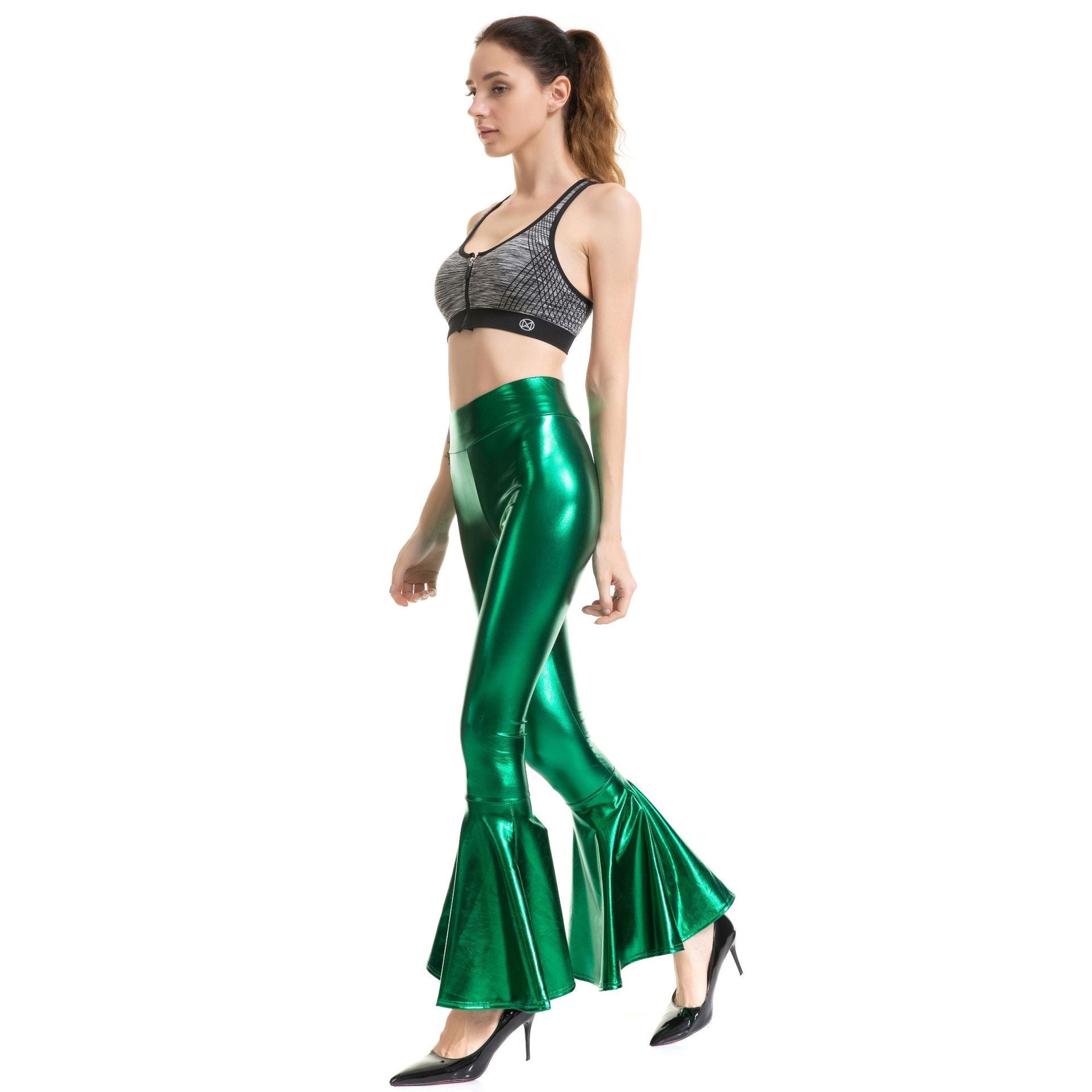 Metallic Coated Fabric Women Clothes High Waist Fashion Elastic Waist Gradient Color Bell Bottom Pants Bella Mia