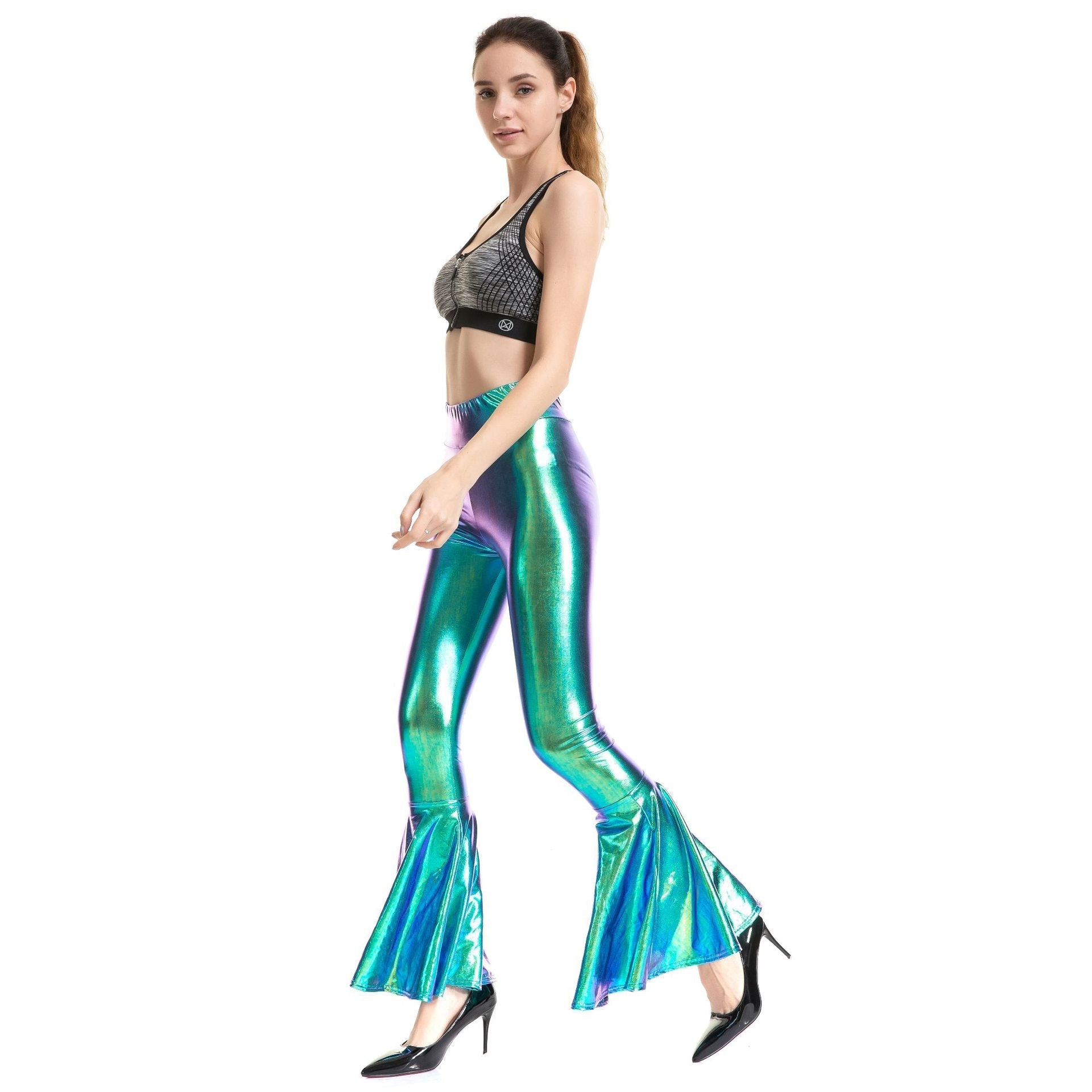 Metallic Coated Fabric Women Clothes High Waist Fashion Elastic Waist Gradient Color Bell Bottom Pants Bella Mia