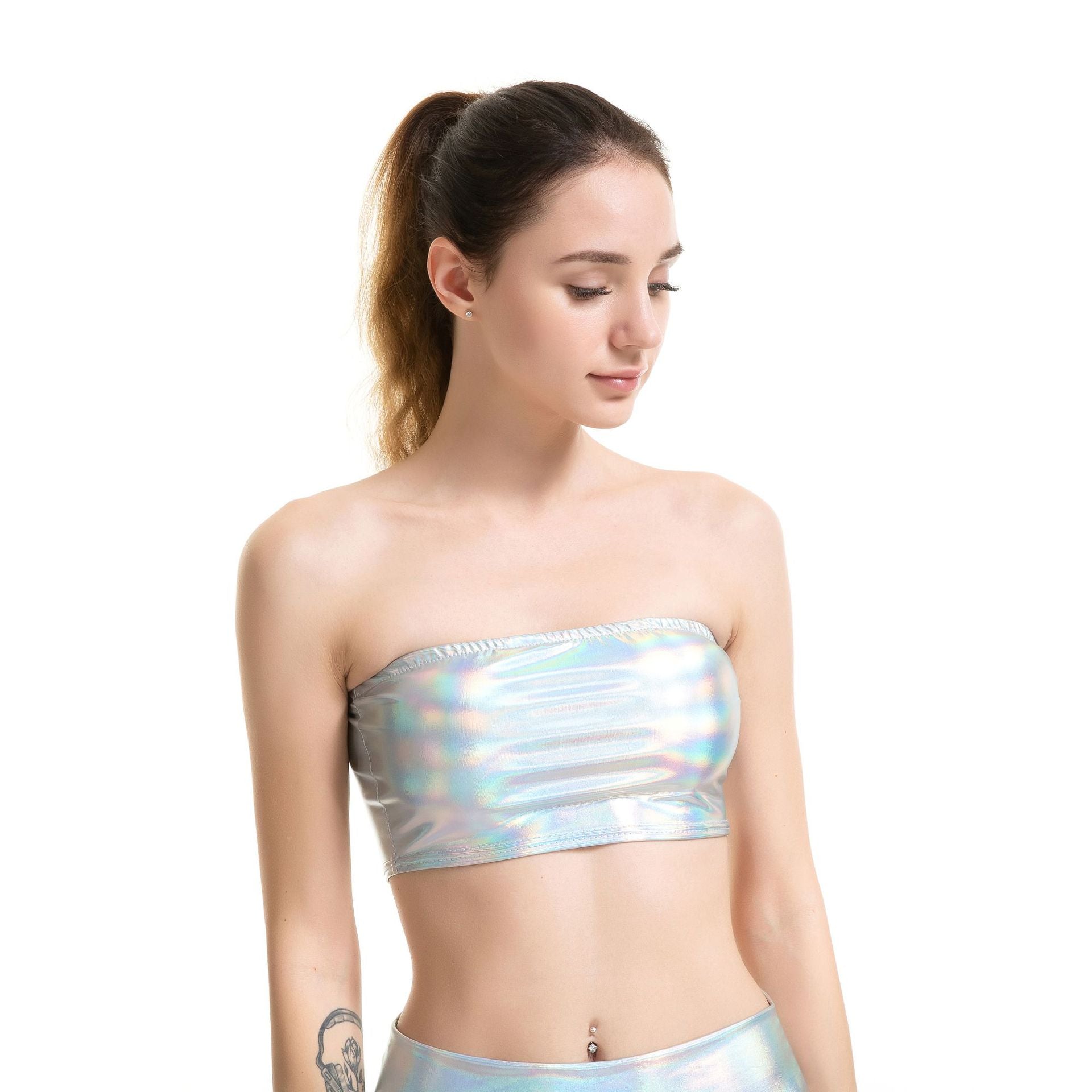 Women Clothes Nightclub Stage Wear Chest-Wrapped Patent Leather Solid Color Tube-Top Bottoming Shirt Performance Wear Bella Mia