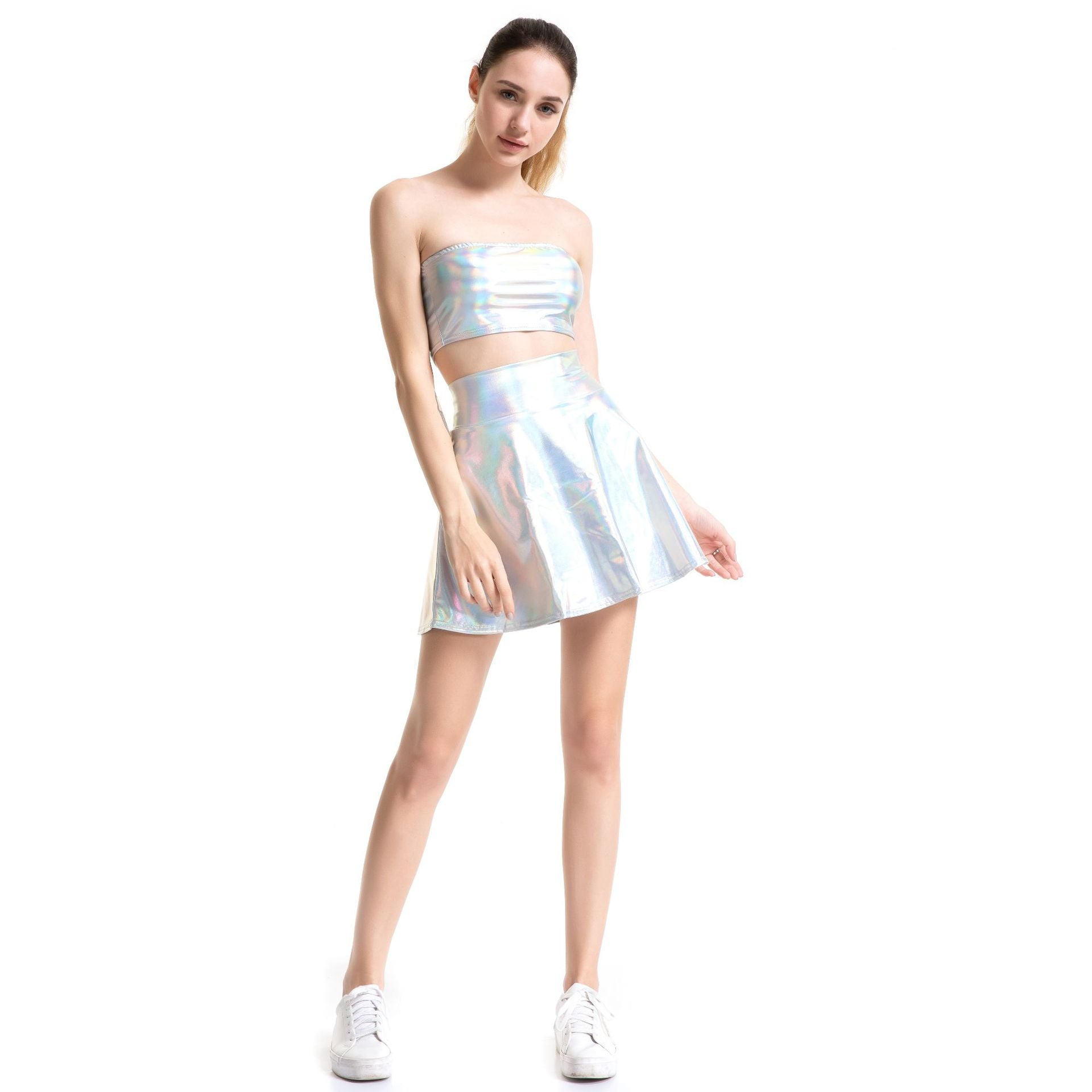 Metallic Coated Fabric Nightclub Stage Solid Color Performance Wear Faux Umbrella Skirt Women Pleated Skirt Bella Mia