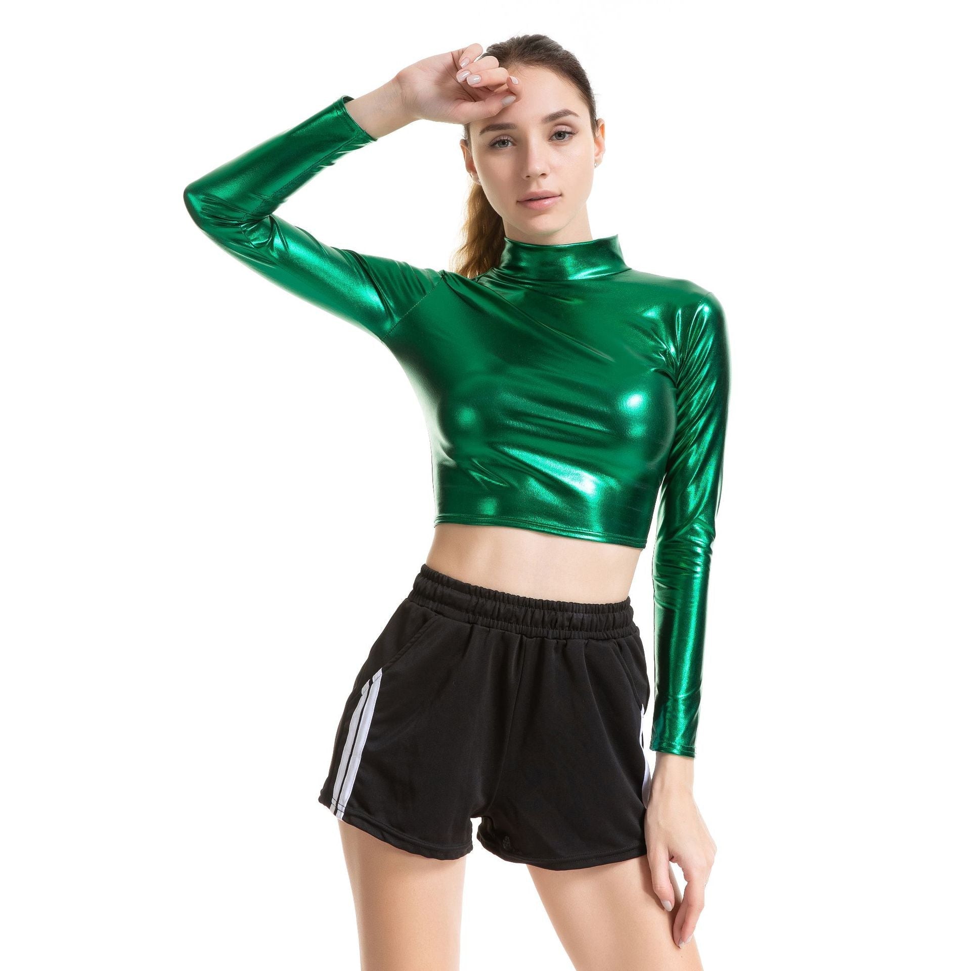 Solid Color Cosplay Glue Performance Wear Slim Patent Leather Long Sleeve Small Turtleneck Women Clothing Bella Mia