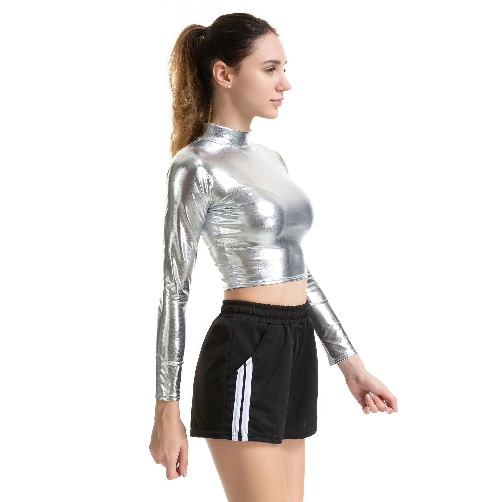 Solid Color Cosplay Glue Performance Wear Slim Patent Leather Long Sleeve Small Turtleneck Women Clothing Bella Mia