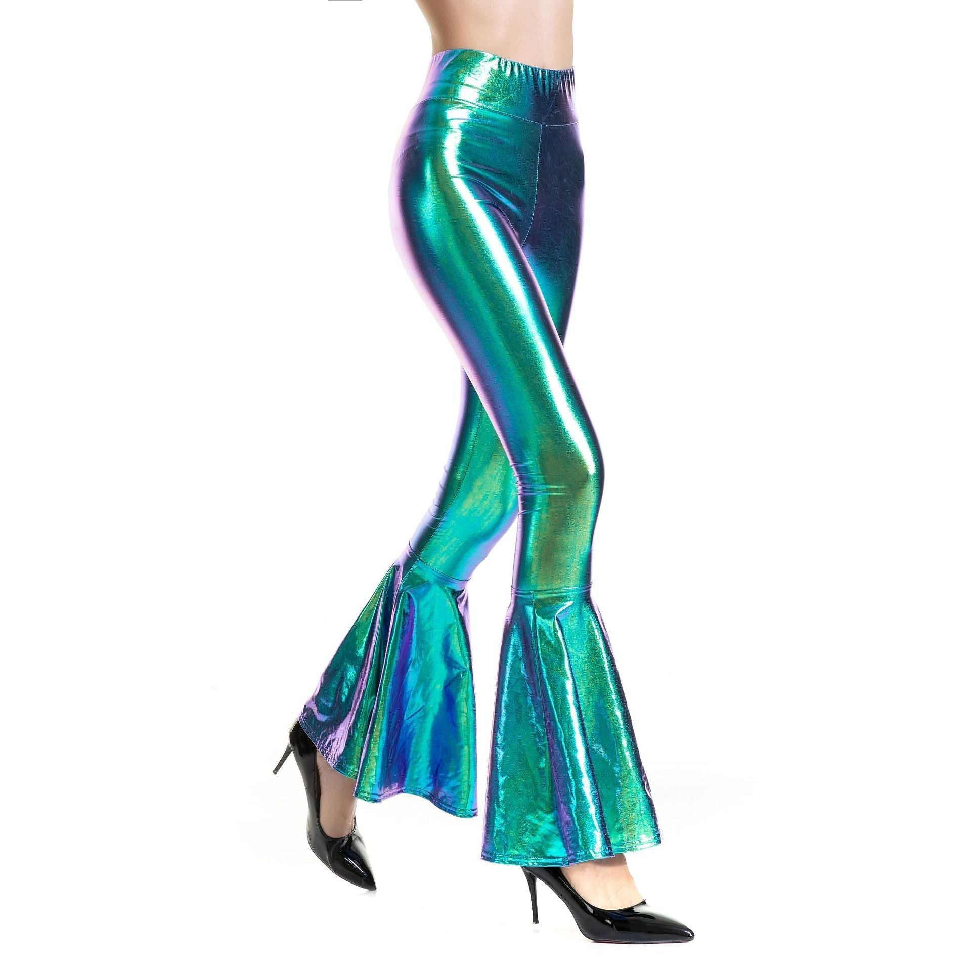 Metallic Coated Fabric Women Clothes High Waist Fashion Elastic Waist Gradient Color Bell Bottom Pants Bella Mia