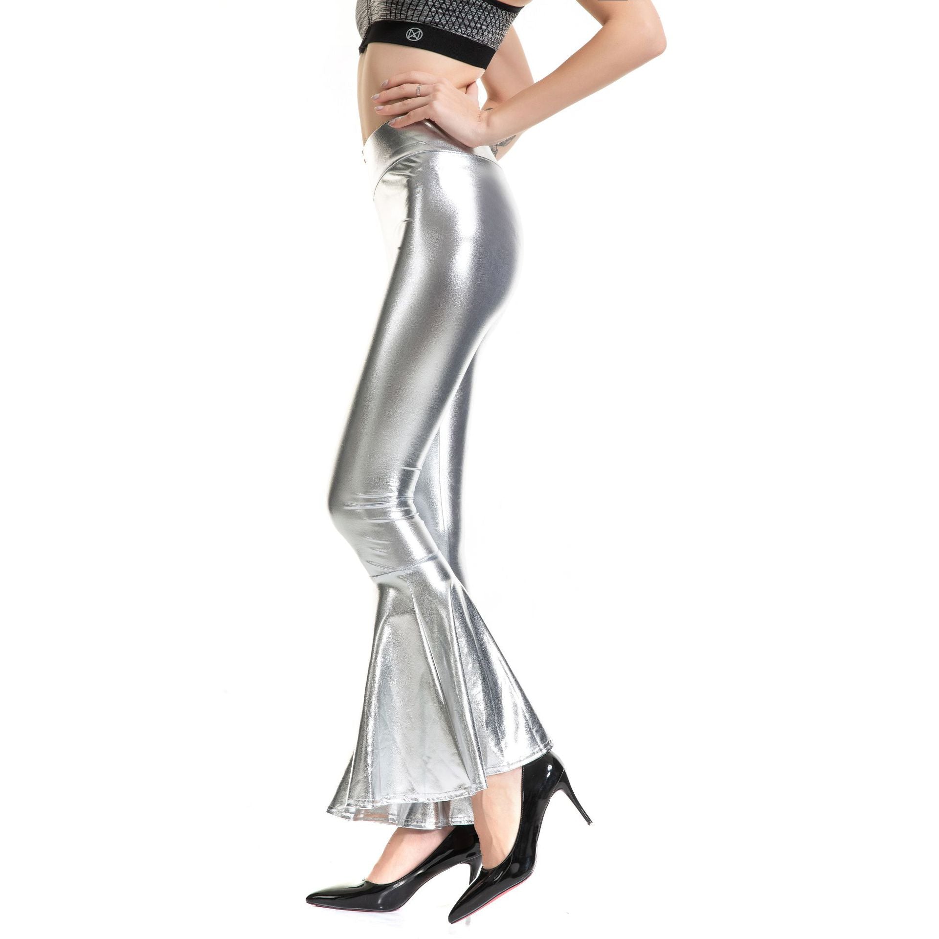 Metallic Coated Fabric Women Clothes High Waist Fashion Elastic Waist Gradient Color Bell Bottom Pants Bella Mia