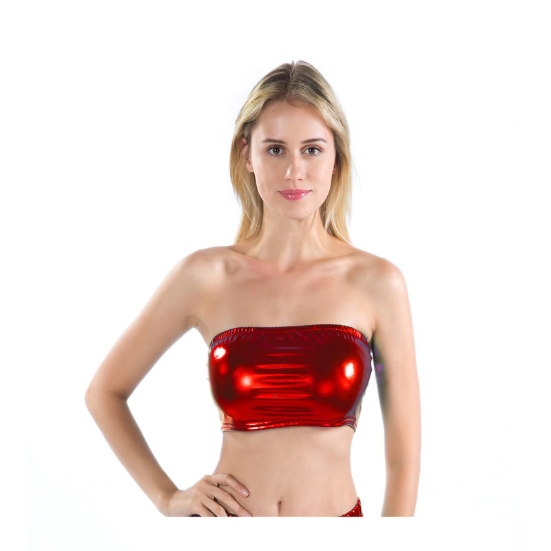 Women Clothes Nightclub Stage Wear Chest-Wrapped Patent Leather Solid Color Tube-Top Bottoming Shirt Performance Wear Bella Mia