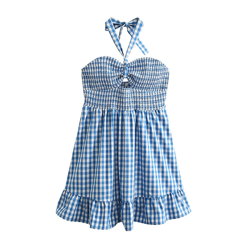 Short Spring Plaid Hollow Out Cutout Backless Strap Dress Tiered Dress Bella Mia